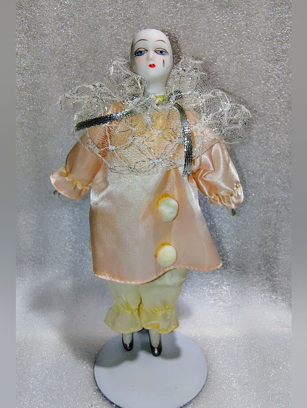 Vintage Porcelain Pierrot Clown Doll 7” Peach Satin